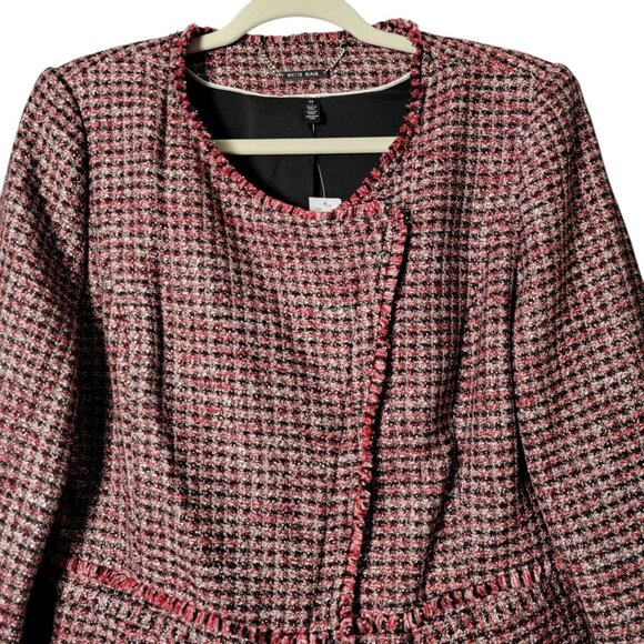 White House Black Market Red Black Tweed Fringe Moto Work Blazer Jacket Size 12 - Picture 3 of 11